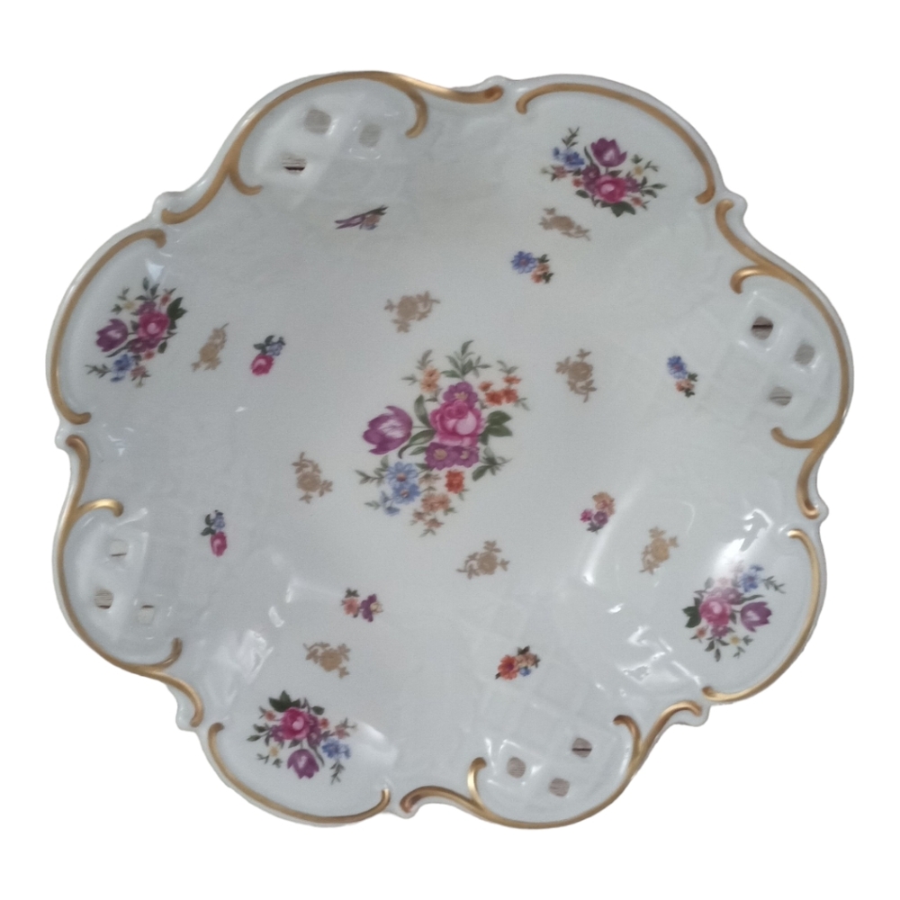 Reichenbach Bone China Bowl Footed 11" White Floral Gold Trim Germany GDR VTG